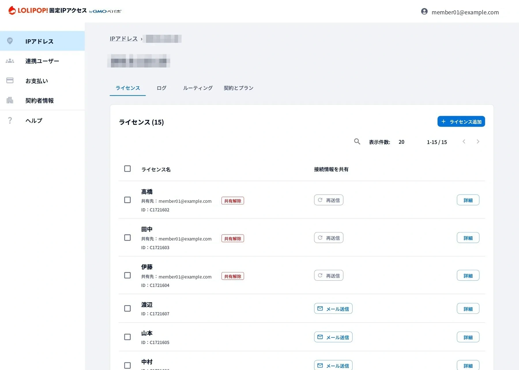 ライセンス管理画面。利用者ごとのライセンスを一覧で管理でき、接続情報をメールで共有することもできる