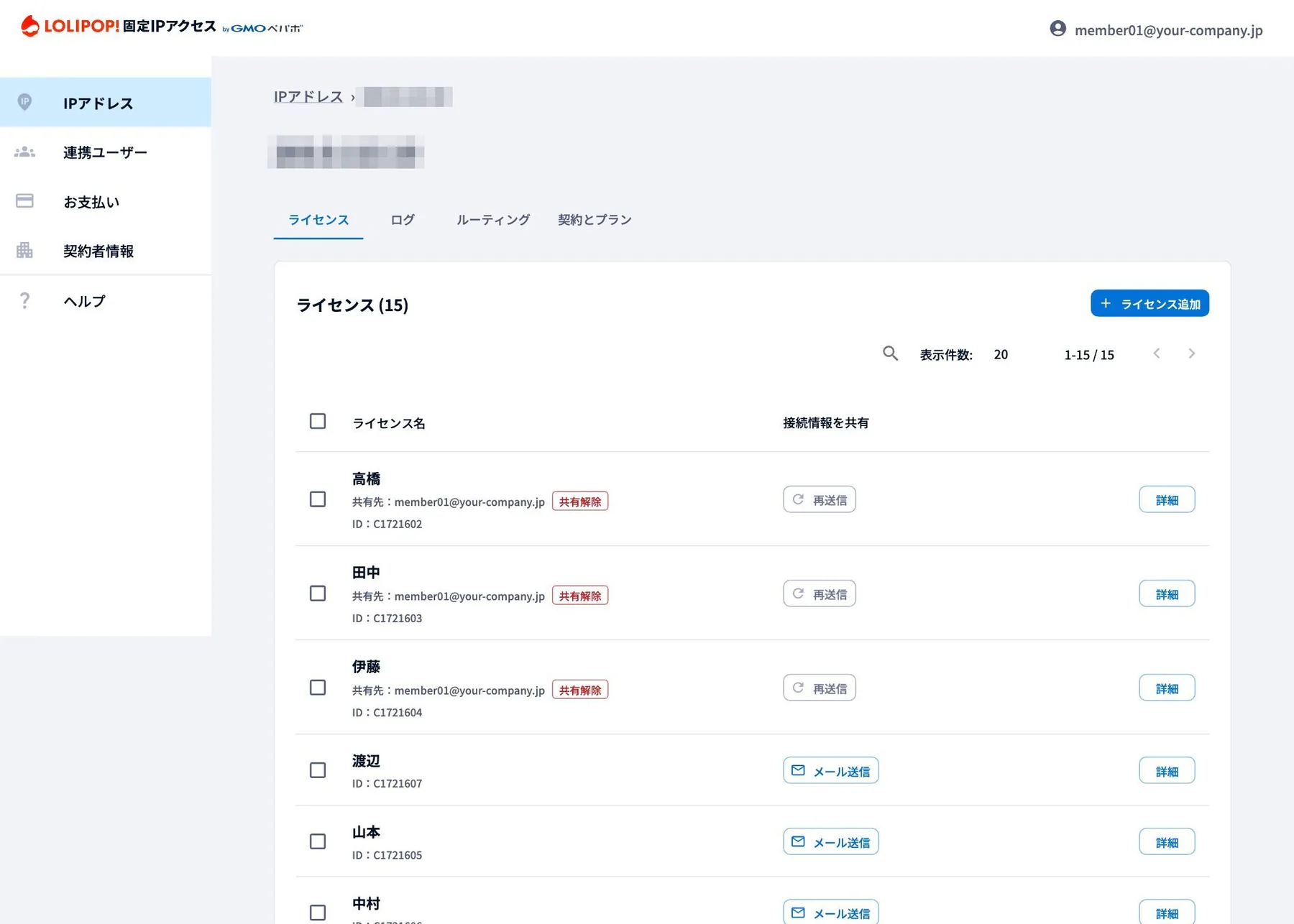 管理画面のライセンス一覧。メンバーごとにライセンス名を付けて管理でき、メール送信ボタンから接続情報を配布できる